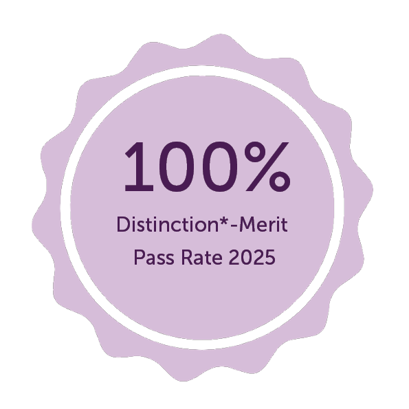 Graphic reading: '100% distinction* to merit pass rate 2025" Graphic reading: '100% distinction* to merit pass rate 2025"