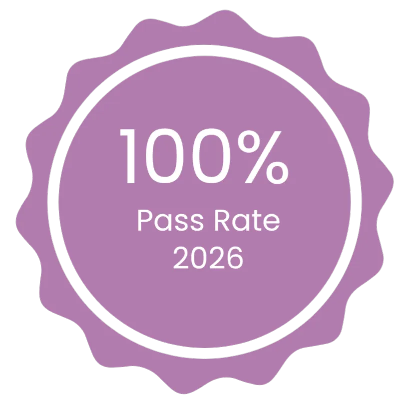Graphic showing 100% pass rate 2026