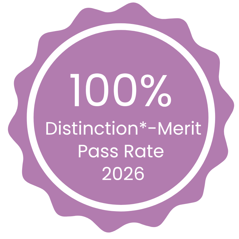 Graphic reads 100% Distinction*-Merit pass rate 2026